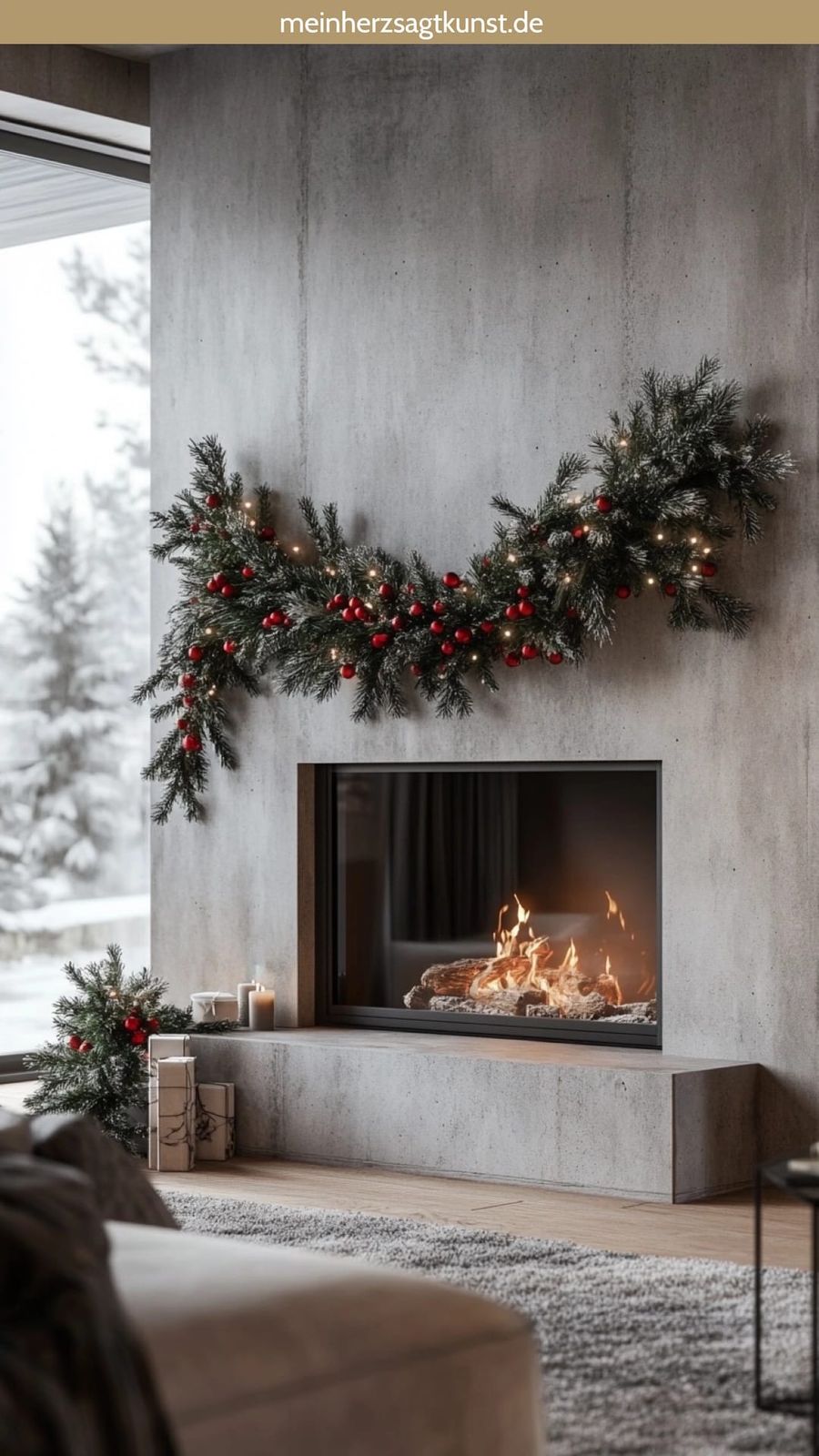Modern Concrete Fireplace with Lush Berry Garland — Christmas Fireplace Decor