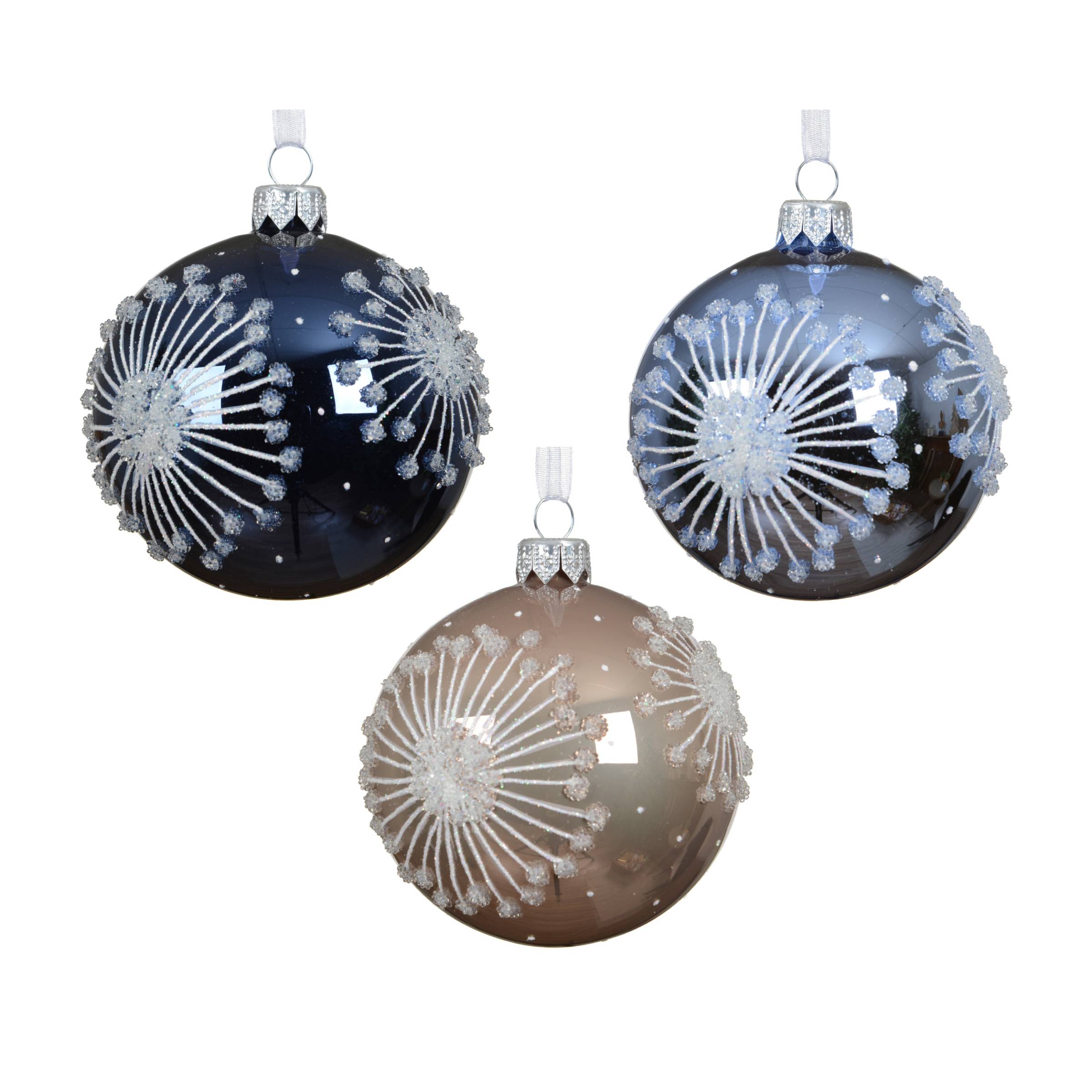 Dark Blue Glass Ornaments with Silver Snowflake Designs — Blue and Silver Christmas Tree