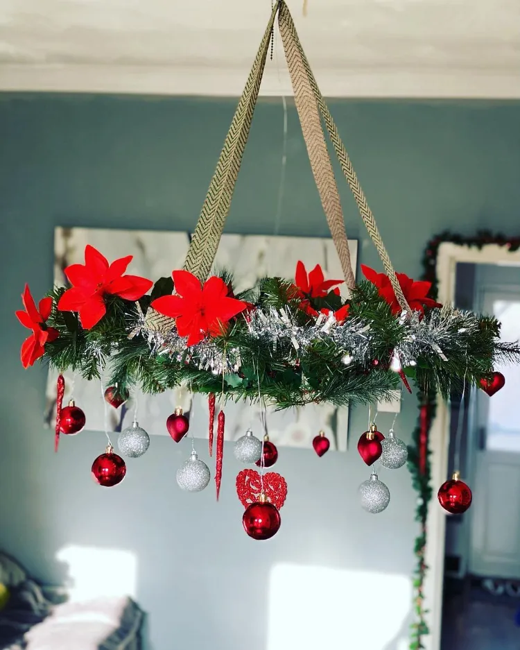 Festive Hanging Christmas Decor with Red Poinsettias — Red and Green Christmas Decor