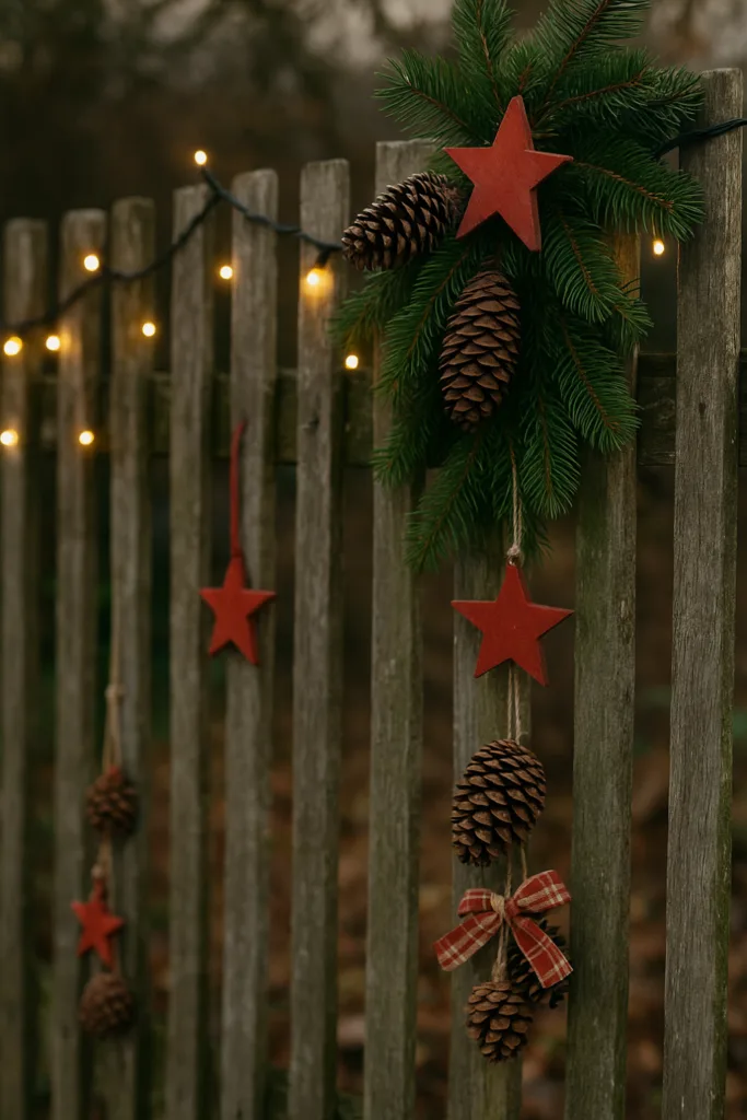 Drape a Rustic Fence with a Garland of Wooden Stars Drape a Rustic Fence with a Garland of Wooden Stars — Simple Christmas Outdoor Decor