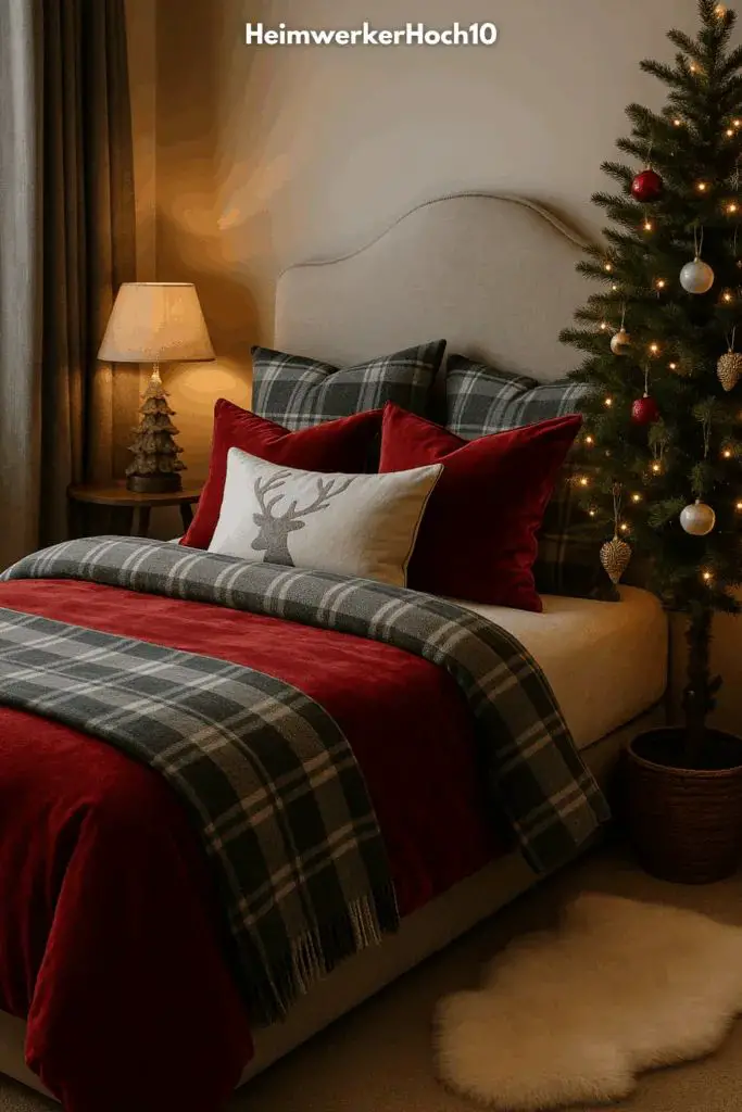 Elegant Bedroom with Red Velvet Bedding and Mini Tree — Christmas Bedroom Decor