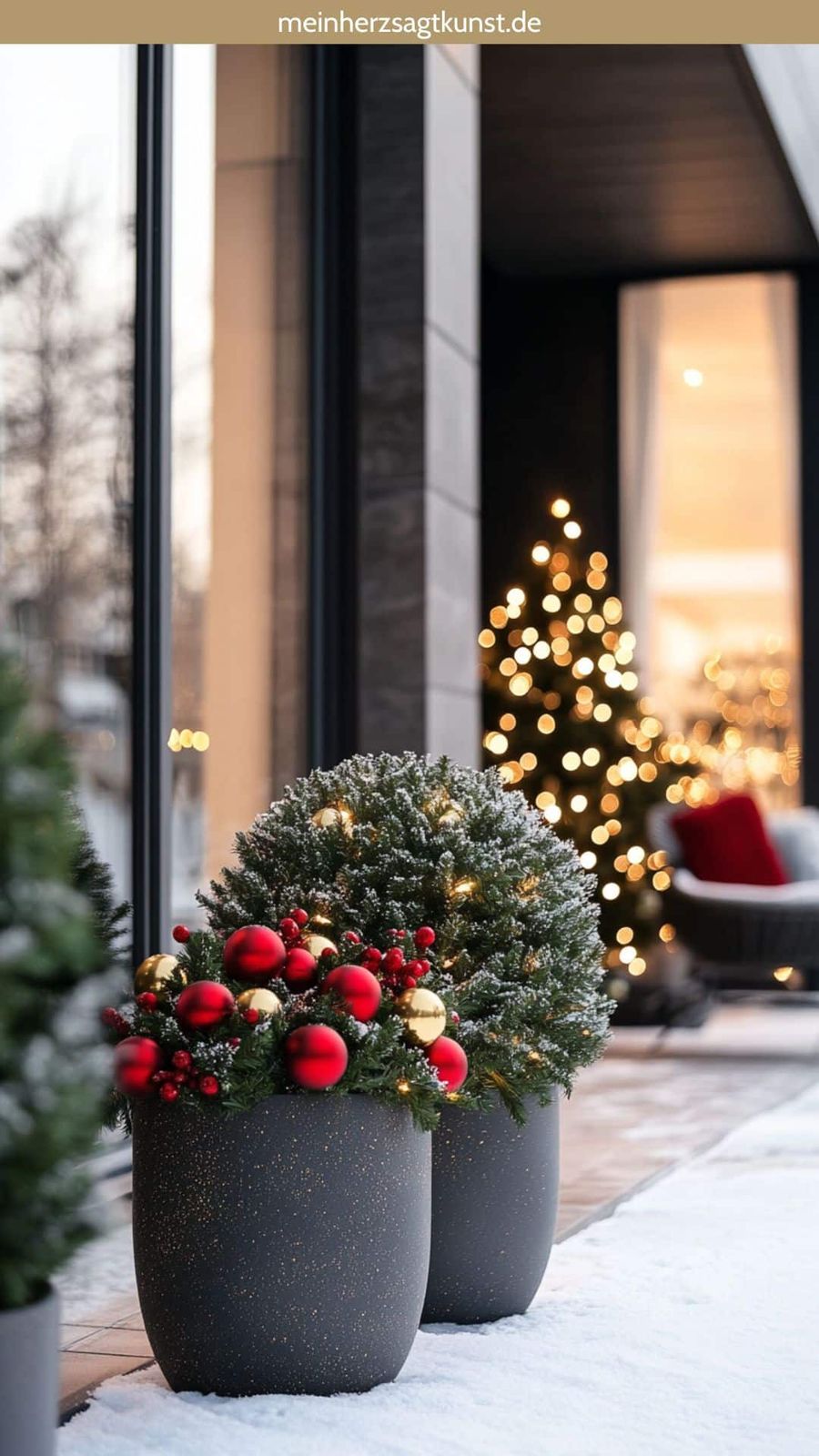 Modern Dark Planters with Festive Baubles and Lights Modern Dark Planters with Festive Baubles and Lights — Christmas Porch Planters