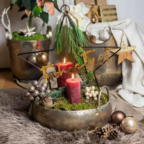 Rustic Candle Centerpiece in a Metal Bowl Rustic Candle Centerpiece in a Metal Bowl — Christmas Party Decor