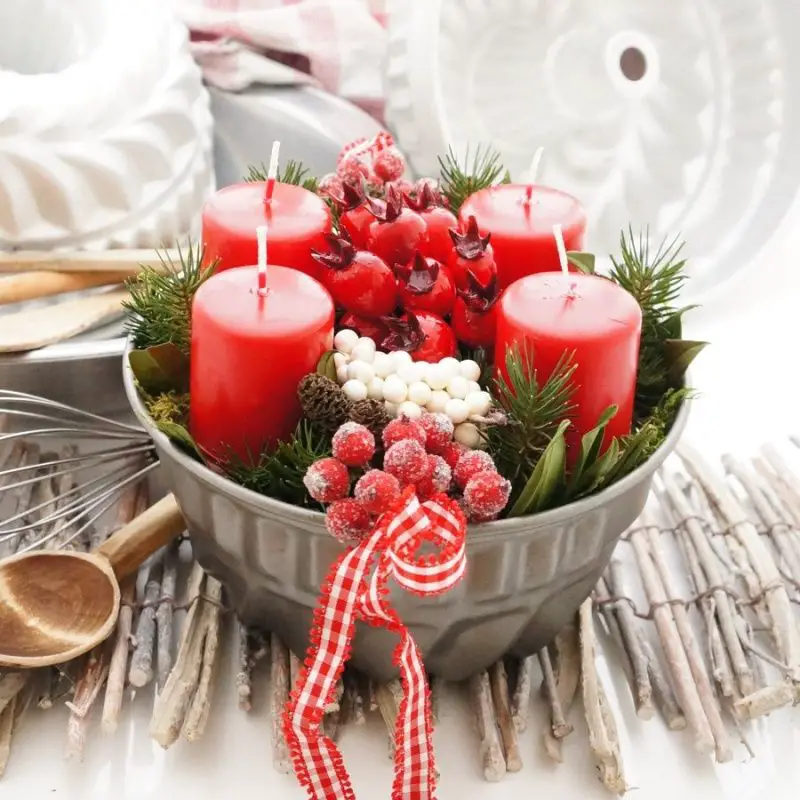 Rustic Grey Metal Bowl Advent Wreath with Red Accents Rustic Grey Metal Bowl Advent Wreath with Red Accents