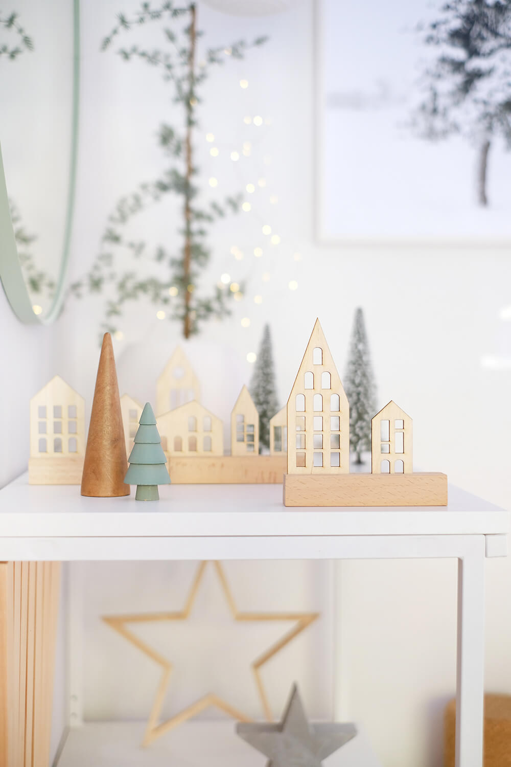 Scandinavian Wooden Christmas Village on a Shelf Scandinavian Wooden Christmas Village on a Shelf — Christmas Bookshelf Decor