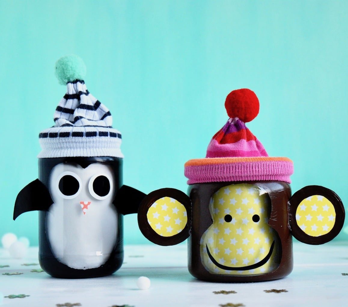 Decorated Jar Crafts with Knitted Hats — Christmas Crafts for Kids