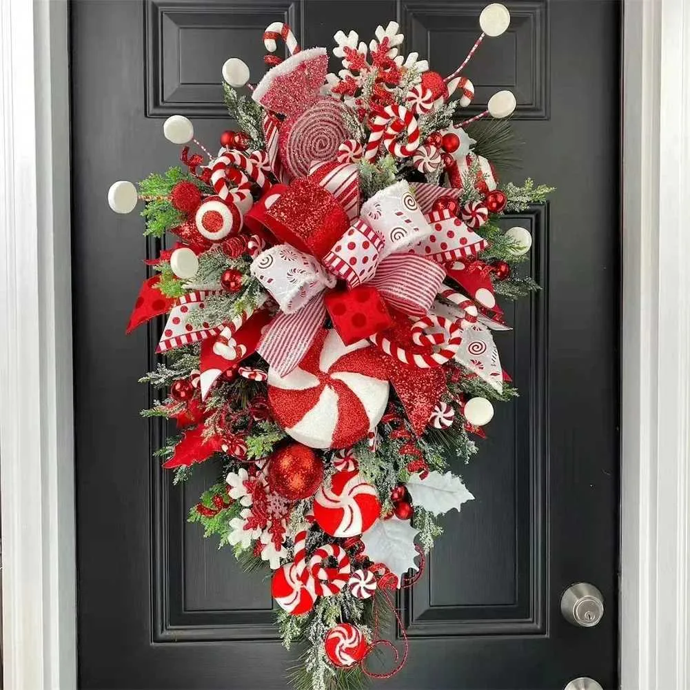 Festive Door Swag Filled with Candy Cane Ornaments — Candy Cane Christmas Tree