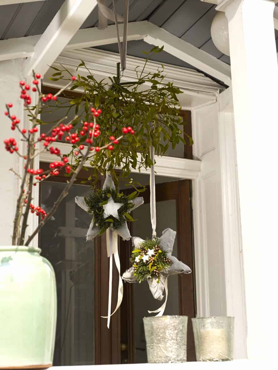 Rustic Porch with Hanging Fabric Star Ornaments — Winter Front Door Decor