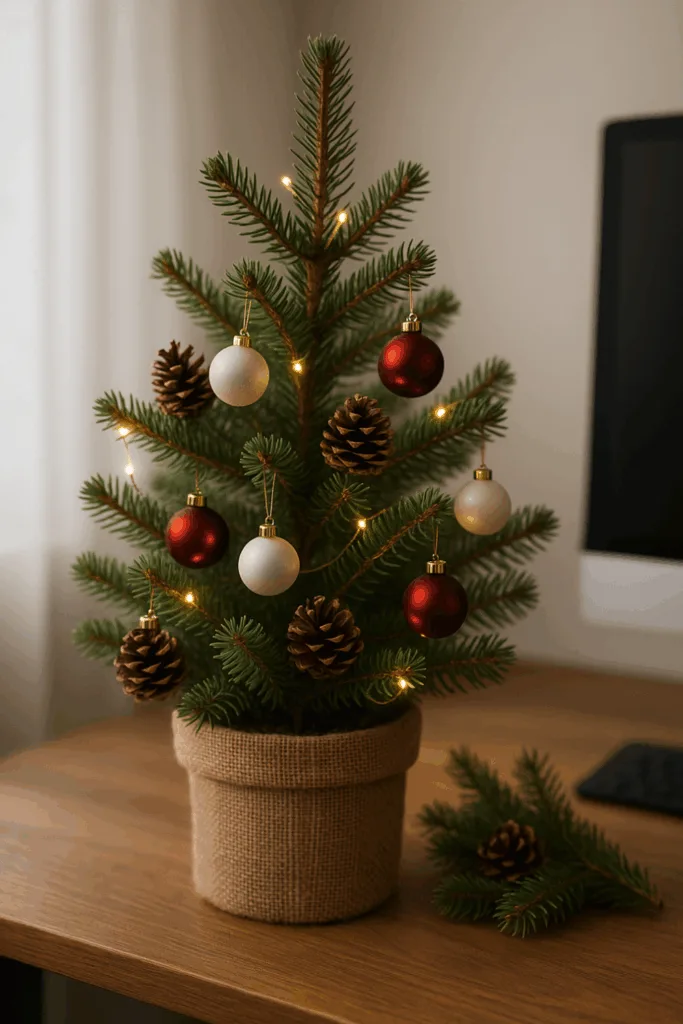 Miniature Burlap-Potted Christmas Tree for Office Cheer Miniature Burlap-Potted Christmas Tree for Office Cheer — Christmas Office Decor Ideas