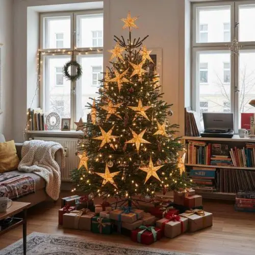 Bohemian Living Room Tree Adorned with Fairy Lights and Paper Stars Bohemian Living Room Tree Adorned with Fairy Lights and Paper Stars — Christmas Fairy Lights Living Room