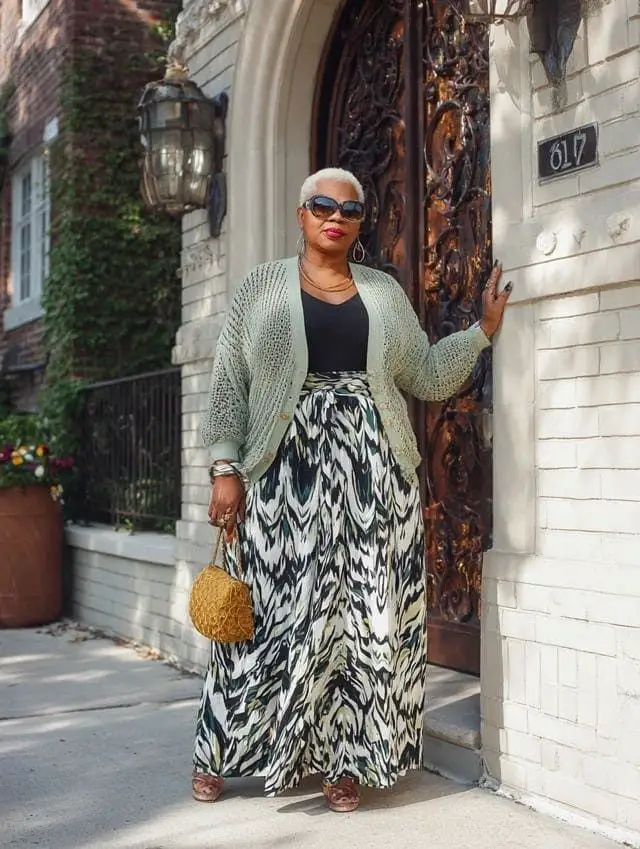Boldly Patterned Maxi Skirt with Knit Cardigan Boldly Patterned Maxi Skirt with Knit Cardigan — Plus Size Outfits 2027