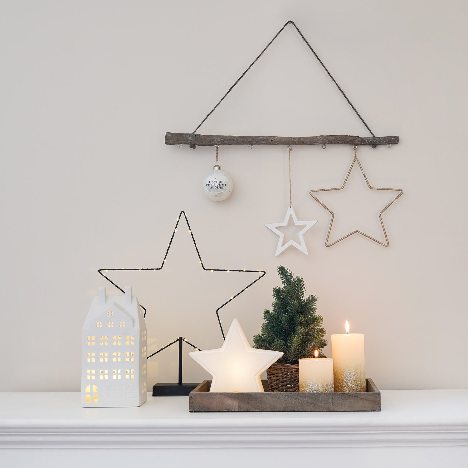 Modern Rustic Tiered Tray with Ceramic House and Star Light — Christmas Tiered Tray