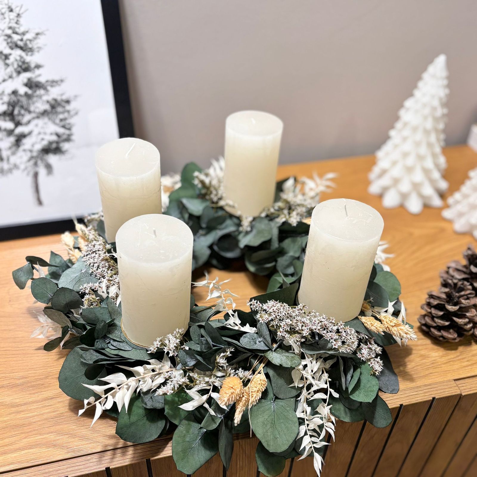 Boho Natural Advent Wreath with Eucalyptus and Dried Flowers Boho Natural Advent Wreath with Eucalyptus and Dried Flowers