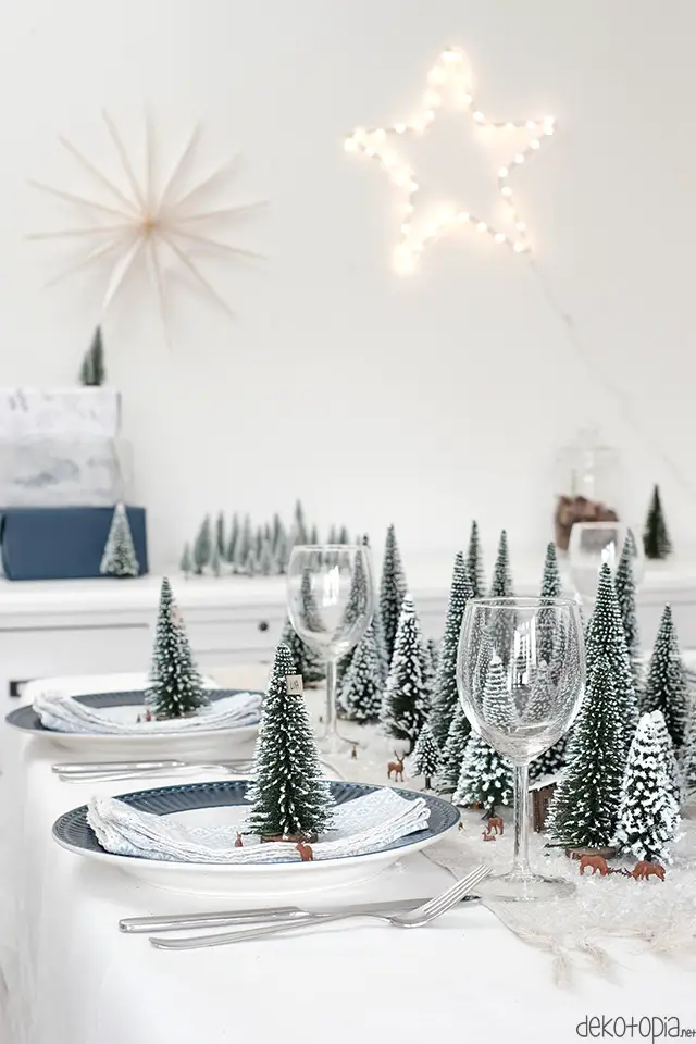Winter Forest Dining Table Backdrop with Miniature Trees — Christmas Party Backdrop