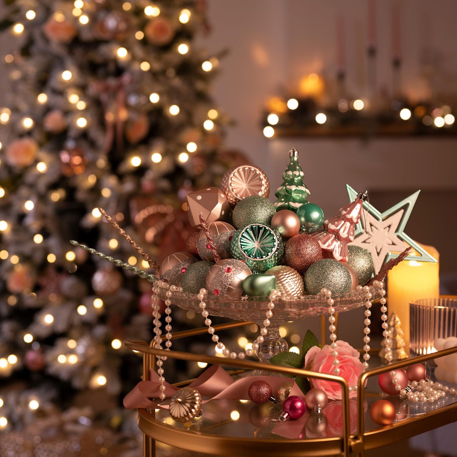 Glam Vignette with Pink Ornaments and a Pink and Gold Tree — Pink and Gold Christmas Tree