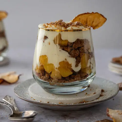 Layered Apple Dessert with Dried Fruit and Gold Rim — New Years Eve Dessert Table