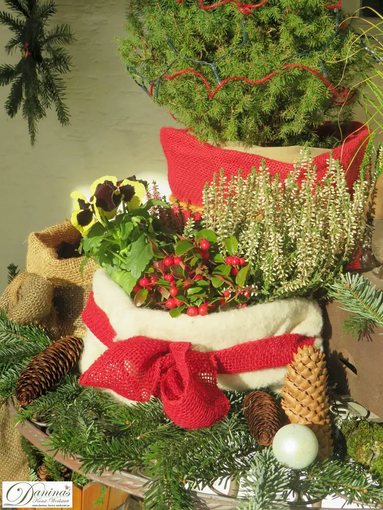 Rustic Patio Plant Arrangement with Red Bow — Christmas Yard Decor