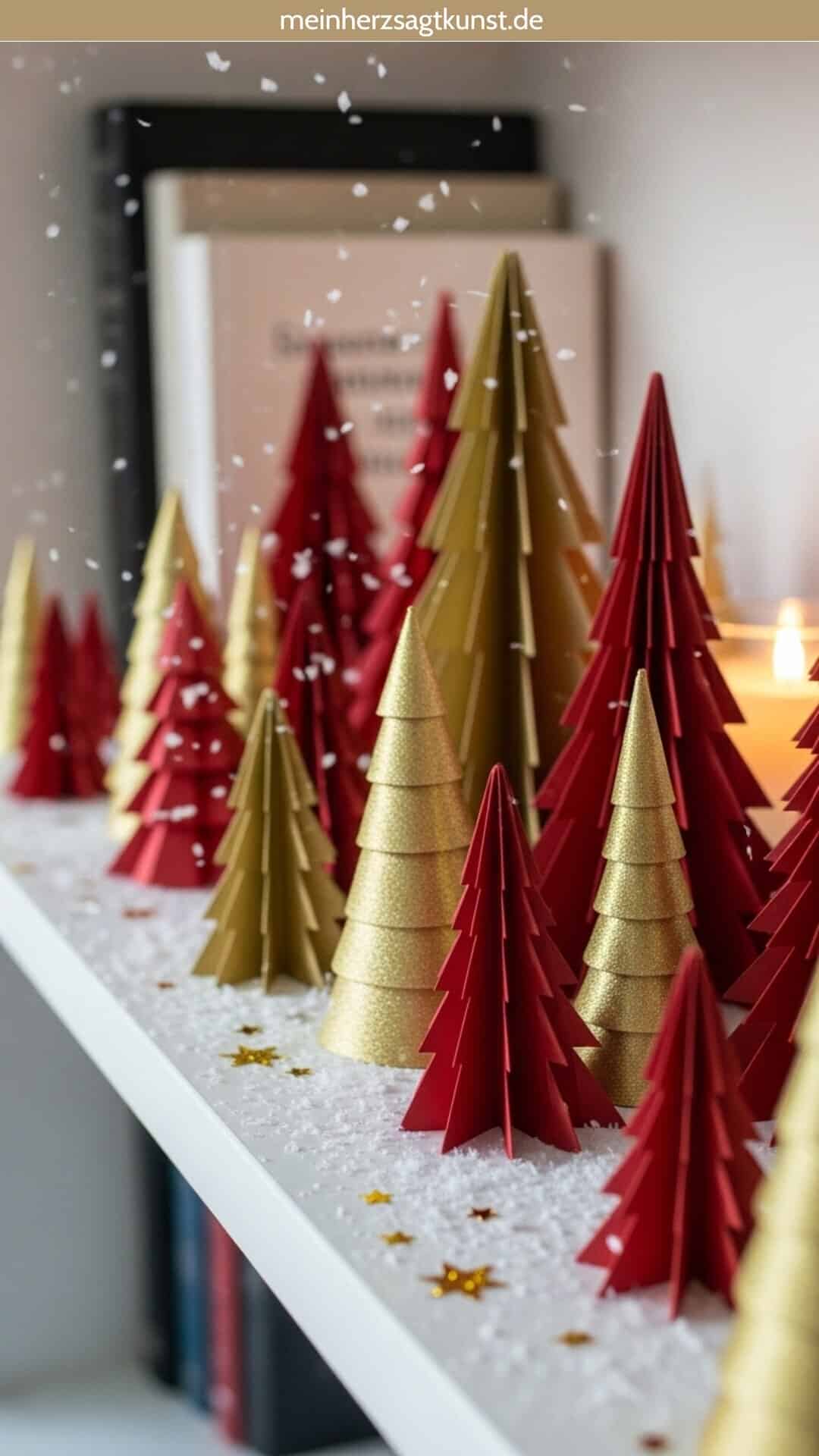 Festive Shelf with Red and Gold Paper Christmas Trees Festive Shelf with Red and Gold Paper Christmas Trees — Christmas Shelf Decor