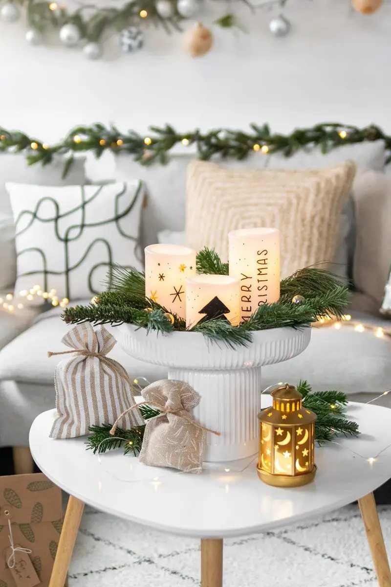 Modern Festive Pedestal Display with Candles and Gift Bags Modern Festive Pedestal Display with Candles and Gift Bags — Christmas Coffee Table Decor