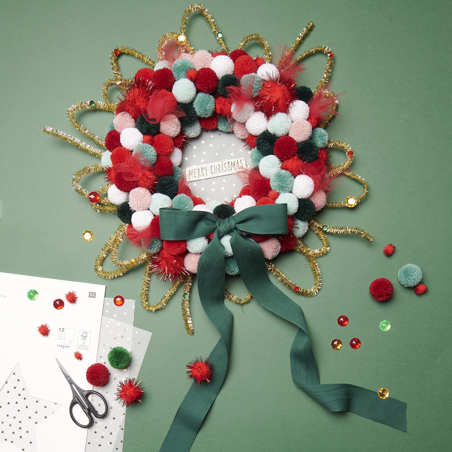 Vibrant DIY Pom-Pom and Tinsel Wreath — DIY Christmas Ornaments