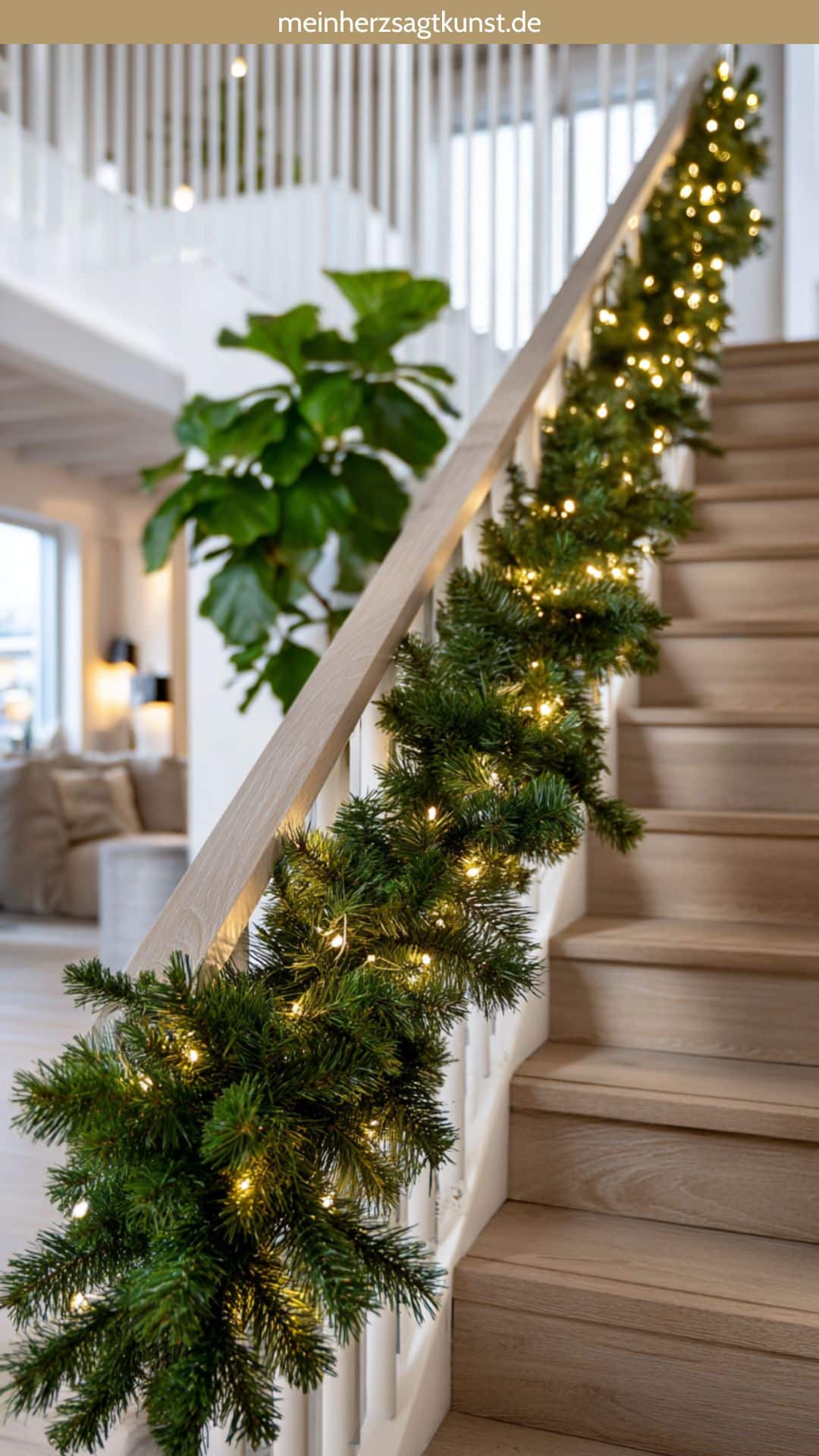 Modern Staircase with Simple Pine Garland and Fairy Lights — Christmas Stair Garland
