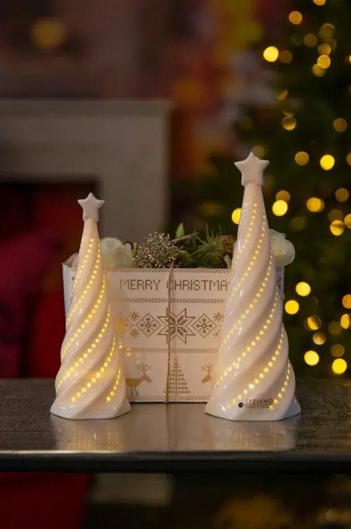 Illuminated White Ceramic Spiral Trees for Tabletop Display Illuminated White Ceramic Spiral Trees for Tabletop Display — White Christmas Tree Decor