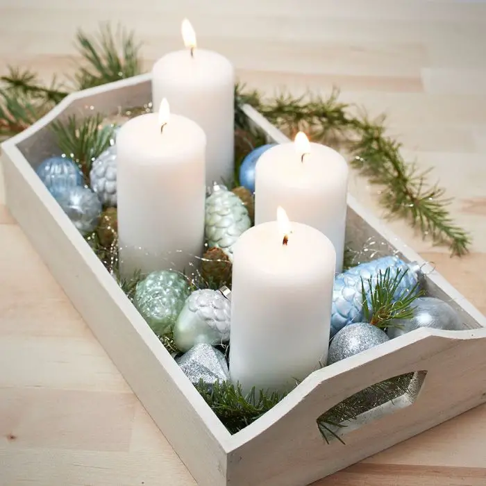 Traditional Tiered Tray with Pillar Candles and Silver Ornaments — Christmas Tiered Tray