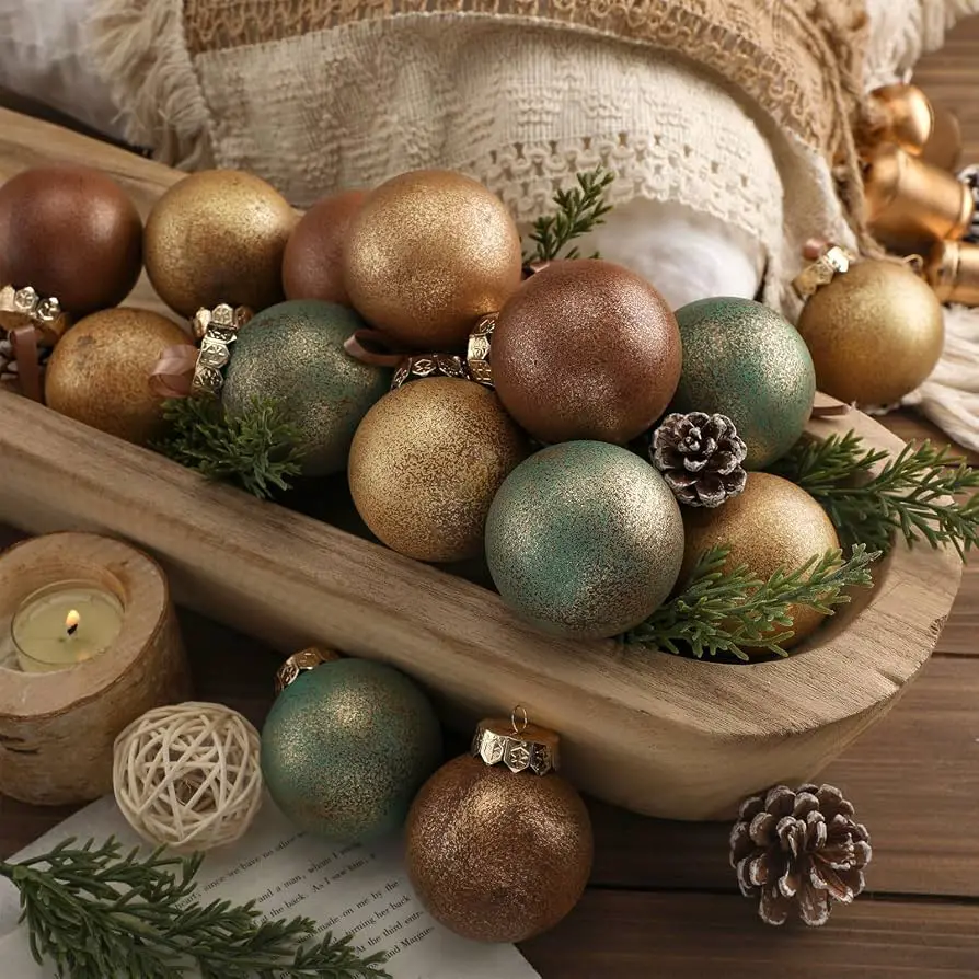Rustic Wooden Bowl with Neutral Ornaments and Pine — Neutral Christmas Tree
