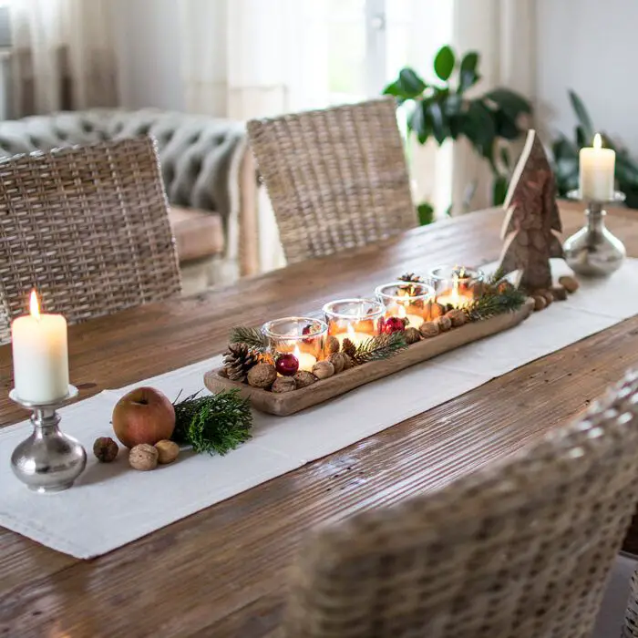 Farmhouse Dining Table with Natural Trough Centerpiece — Christmas Dining Room Decor