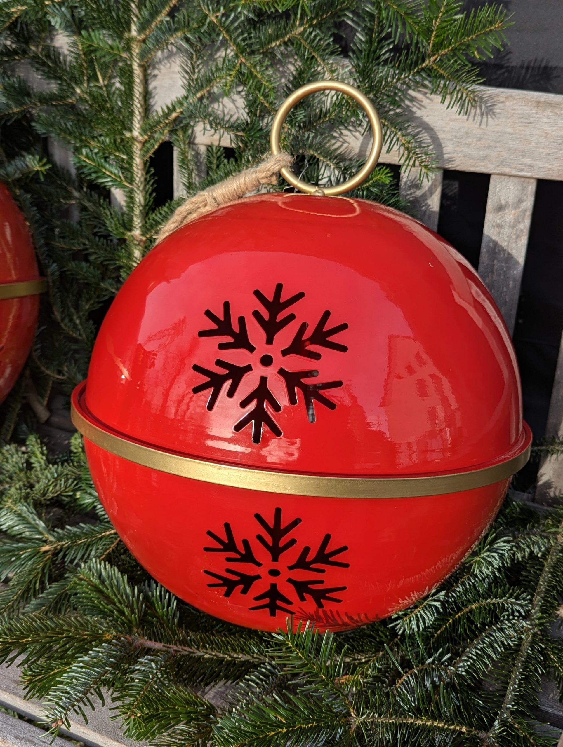 Large Red Spherical Ornament with Gold Ring Outdoors Large Red Spherical Ornament with Gold Ring Outdoors — Red and Gold Christmas Decor