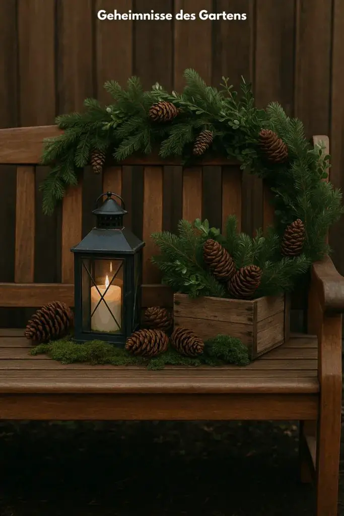 Rustic Bench with Christmas Wreath and Lantern — Small Christmas Porch