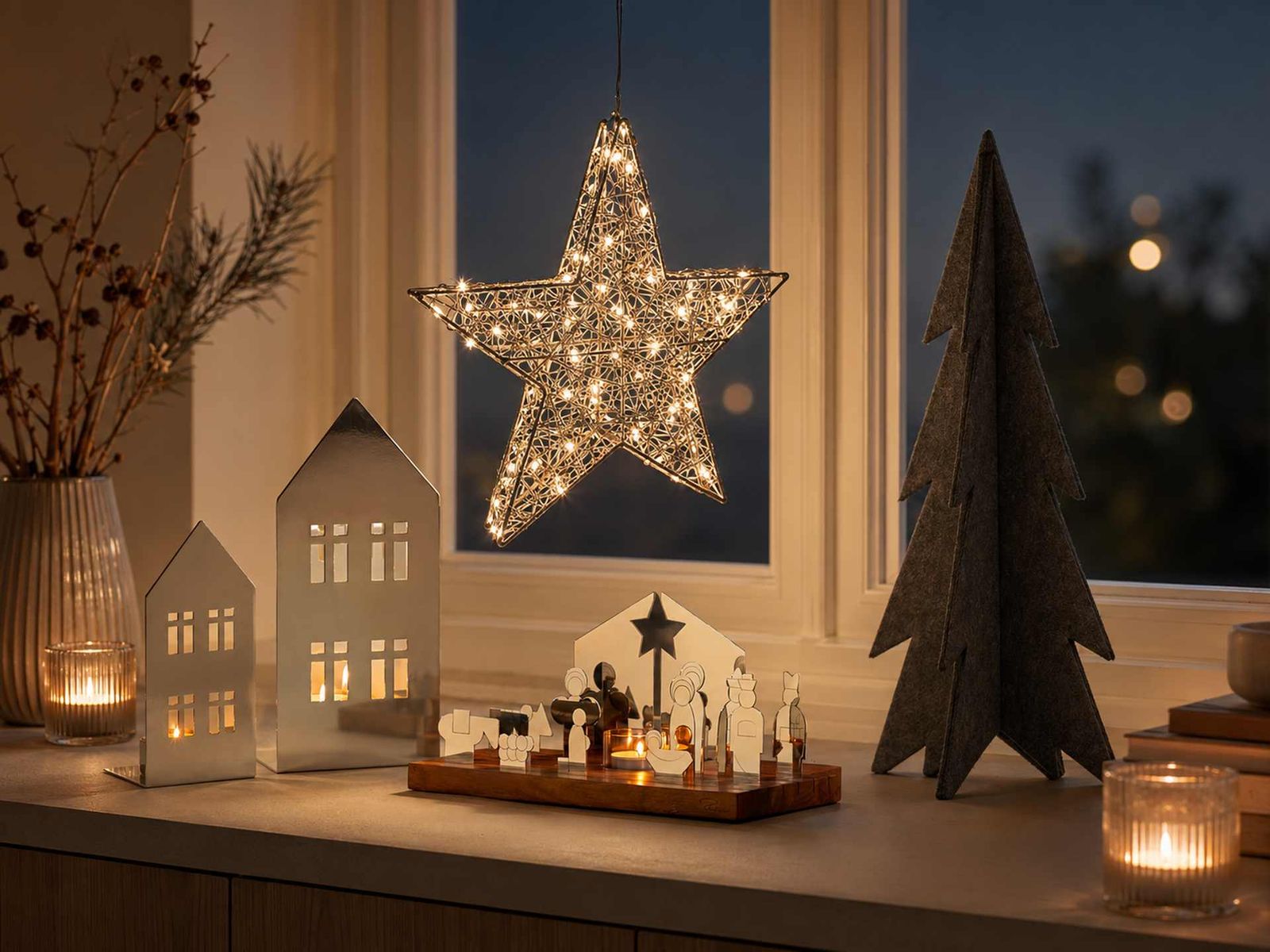Modern Christmas Village and Illuminated Star Light — Winter Decor After Christmas