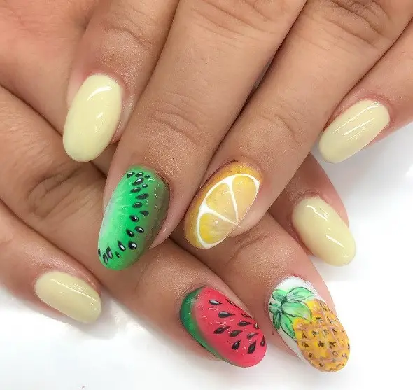 Pale Yellow Multi Fruit Slice Oval Nails Pale Yellow Multi Fruit Slice Oval Nails — pineapple nails ideas 2027