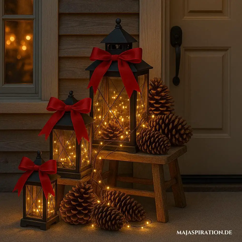 Display Black Lanterns with Red Bows on a Wooden Stool — Christmas Porch Lanterns