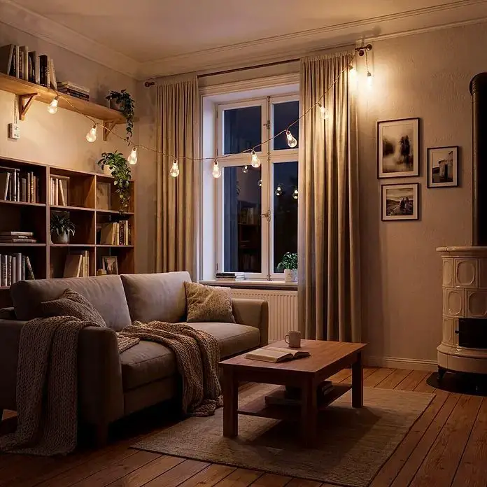 Cozy Living Room Window Illuminated by Warm String Lights Cozy Living Room Window Illuminated by Warm String Lights — Christmas Fairy Lights Living Room