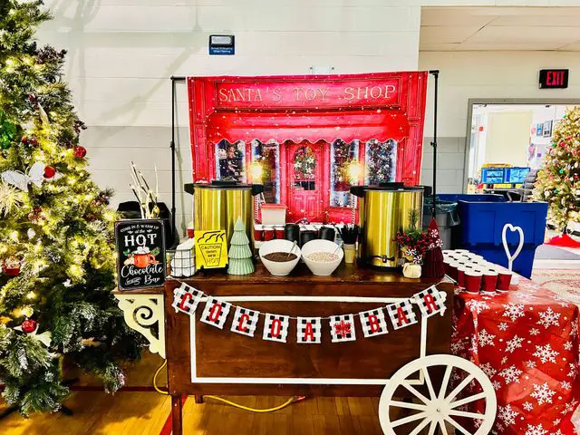Large Themed Hot Cocoa Bar on Decorated Cart — Christmas Hot Cocoa Bar