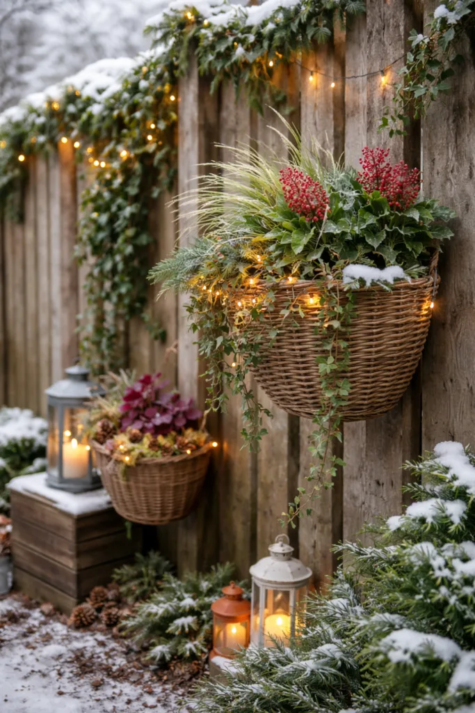 Rustic Fence with Hanging Baskets of Greenery and Berries — Winter Porch Decor