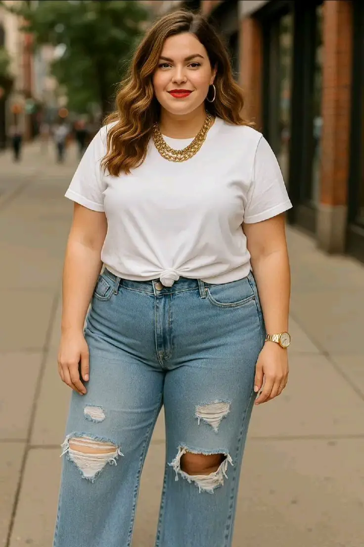Ripped Jeans with Tied Waist T-Shirt Ripped Jeans with Tied Waist T-Shirt — Plus Size Outfits 2027