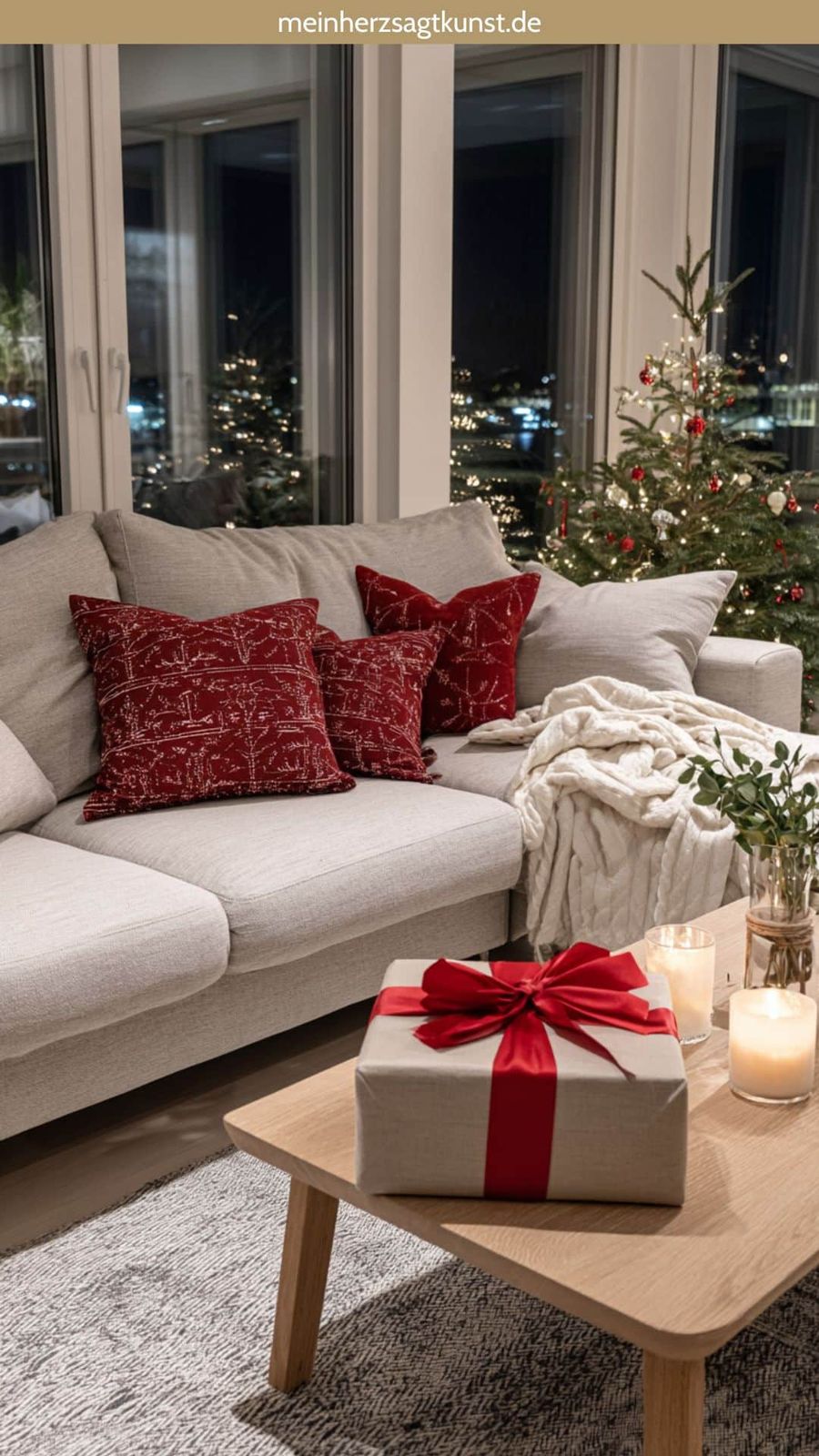 Modern Sofa with Festive Cushions and Gift — Christmas Apartment Decor