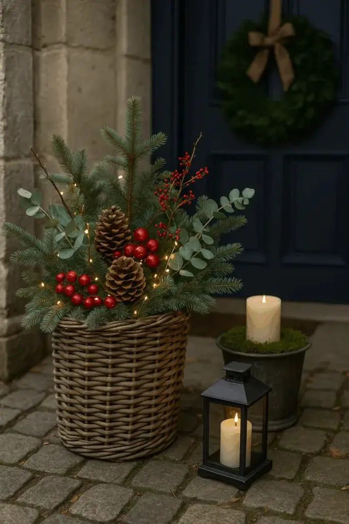 Vintage Country Planter with Pine, Berries, and Fairy Lights Vintage Country Planter with Pine, Berries, and Fairy Lights — Christmas Front Door Decor