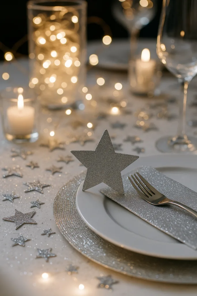 Sparkling Silver Glitter and Fairy Lights for a Magical Ambiance Sparkling Silver Glitter and Fairy Lights for a Magical Ambiance — New Years Eve Table Decor