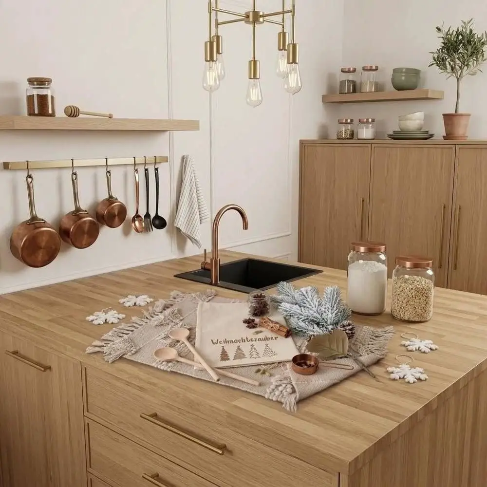 Modern Kitchen Island Styled with Festive Christmas Accents Modern Kitchen Island Styled with Festive Christmas Accents — Christmas Kitchen Decor