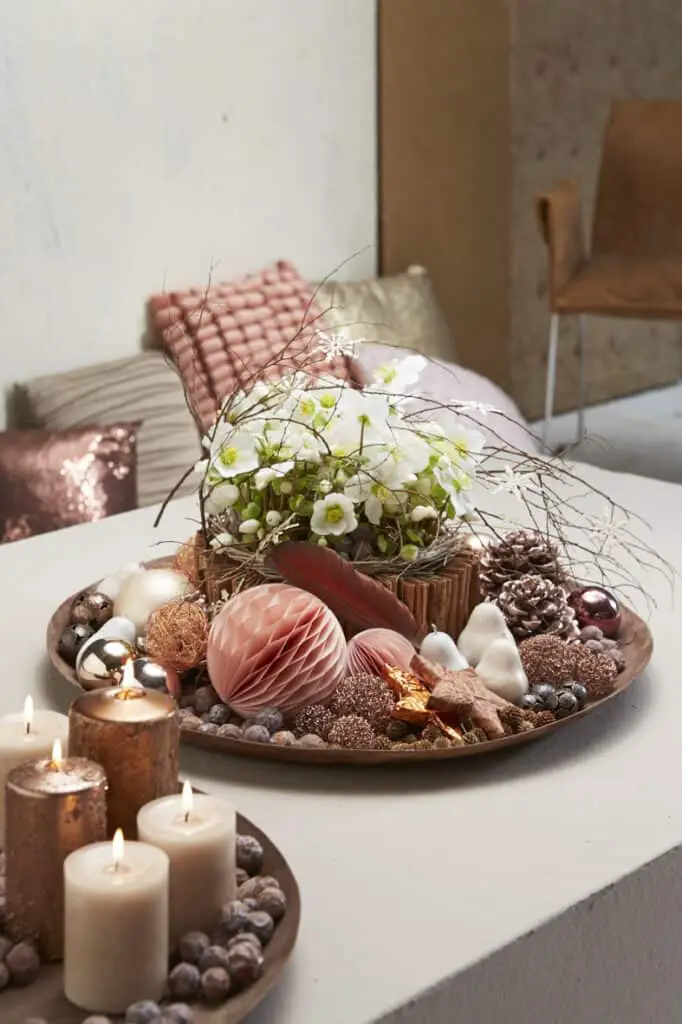 Elegant Christmas Tiered Tray with Florals and Metallic Ornaments