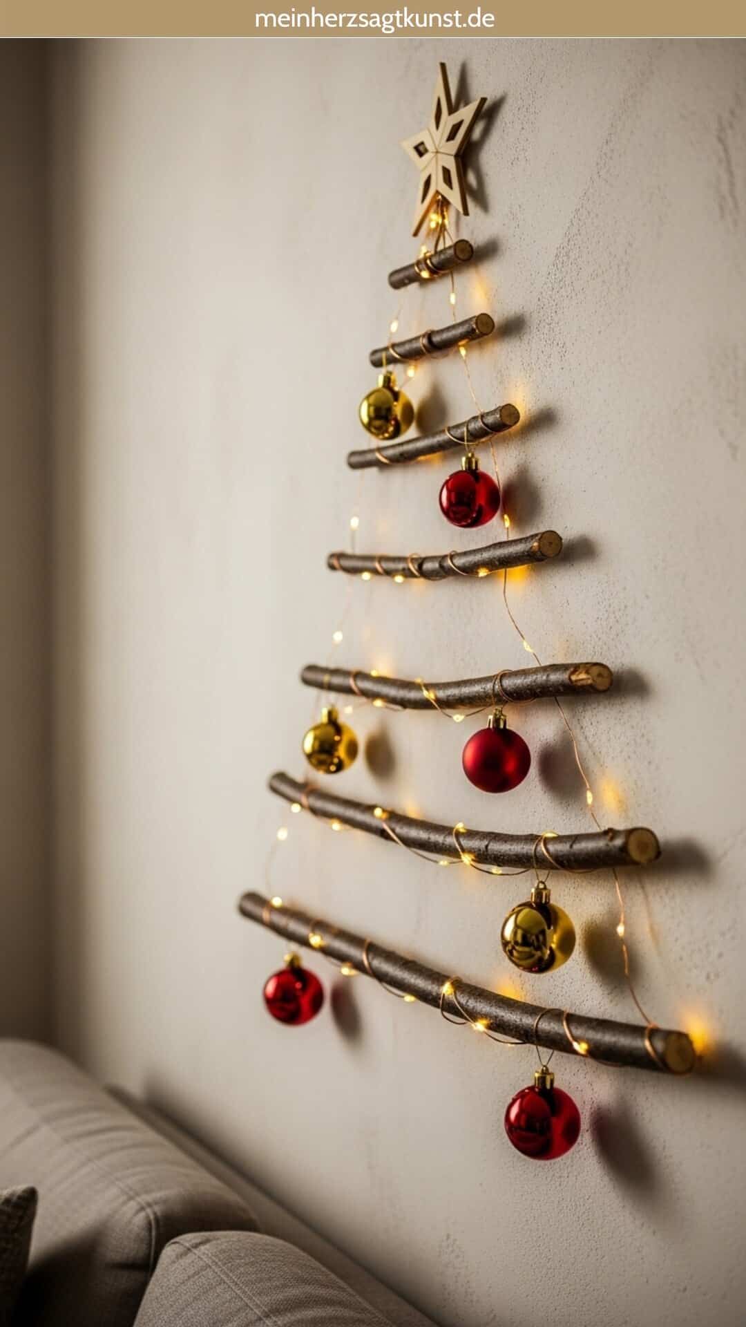 Natural Branch Wall Tree with Red and Gold Baubles — Wall Christmas Tree