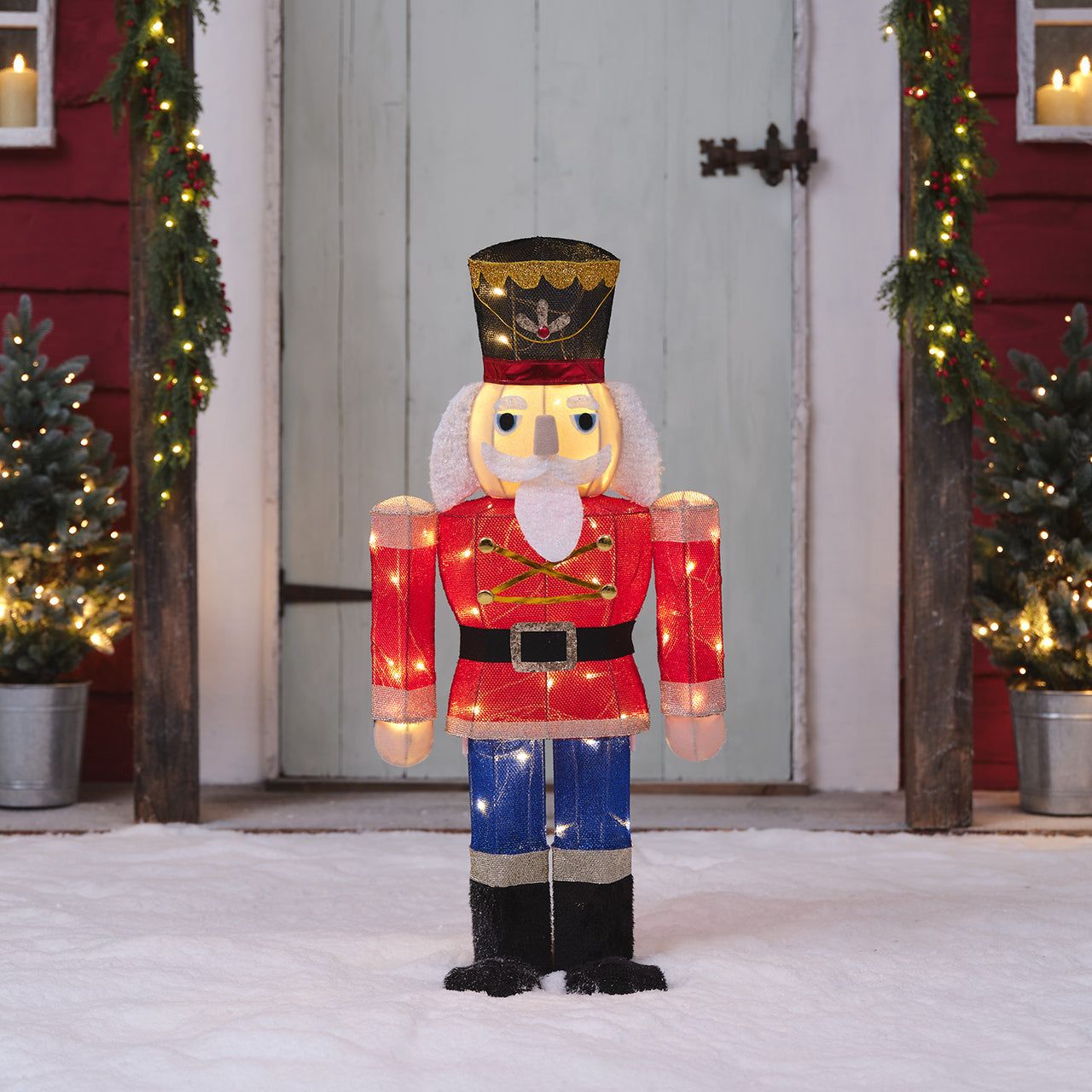 Illuminated Nutcracker Figure as a Festive Porch Centerpiece — Small Christmas Porch