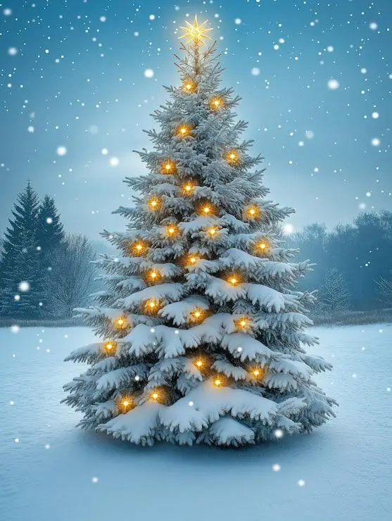 Snow-Covered Christmas Tree in Outdoor Winter Wonderland Night Snow-Covered Christmas Tree in Outdoor Winter Wonderland Night — Winter Wonderland Christmas Tree
