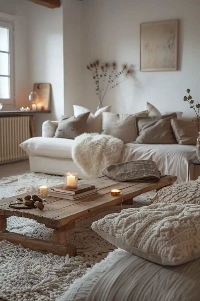 Rustic Hygge Living Room with Layered Textures and Candlelight Rustic Hygge Living Room with Layered Textures and Candlelight — Hygge Home Decor