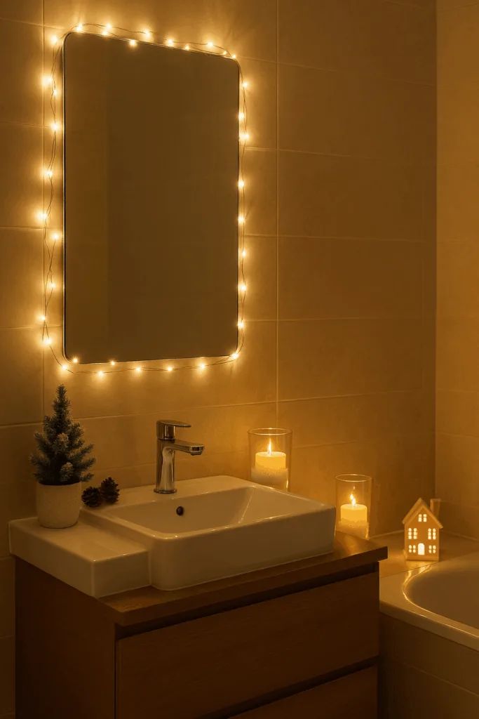Cozy Mirror Lighting with Candles and a Miniature Tree — Christmas Bathroom Decor