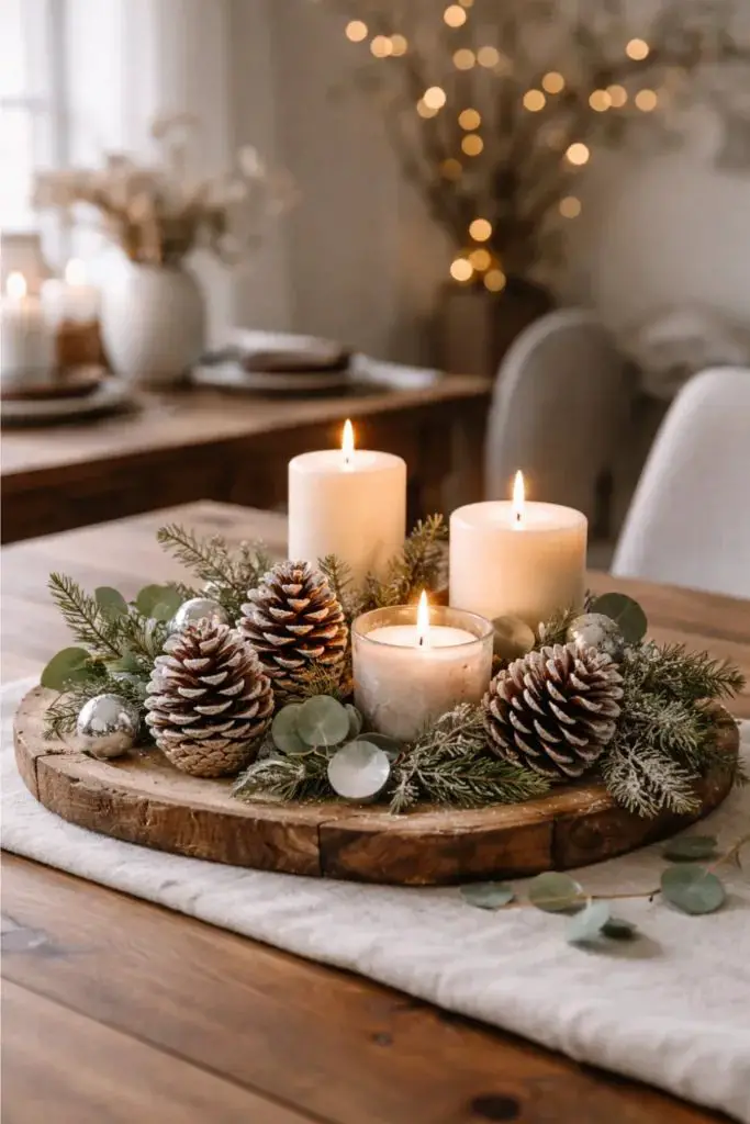Natural Dining Table Centerpiece with Pinecones and Eucalyptus — Winter Decor After Christmas
