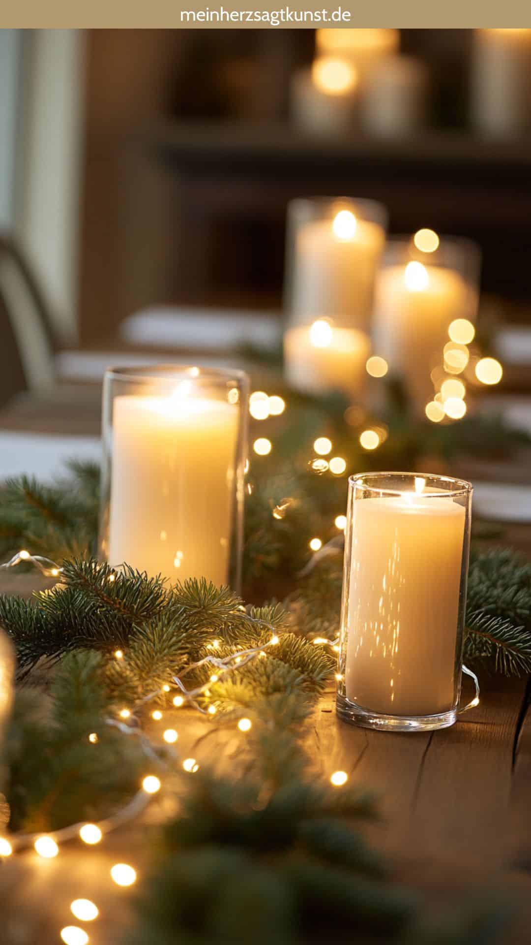 Cozy Rustic Vignette with Glowing Candles and Fairy Lights Cozy Rustic Vignette with Glowing Candles and Fairy Lights — Elegant Christmas Table Setting
